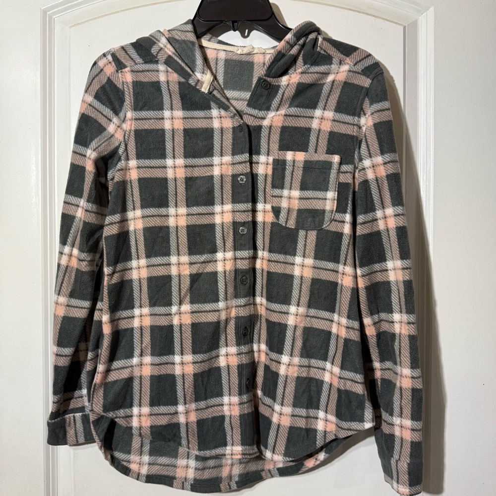Ultra Flirt Plaid Button Down Fleece Hooded Shirt - Gray and Pink Size M